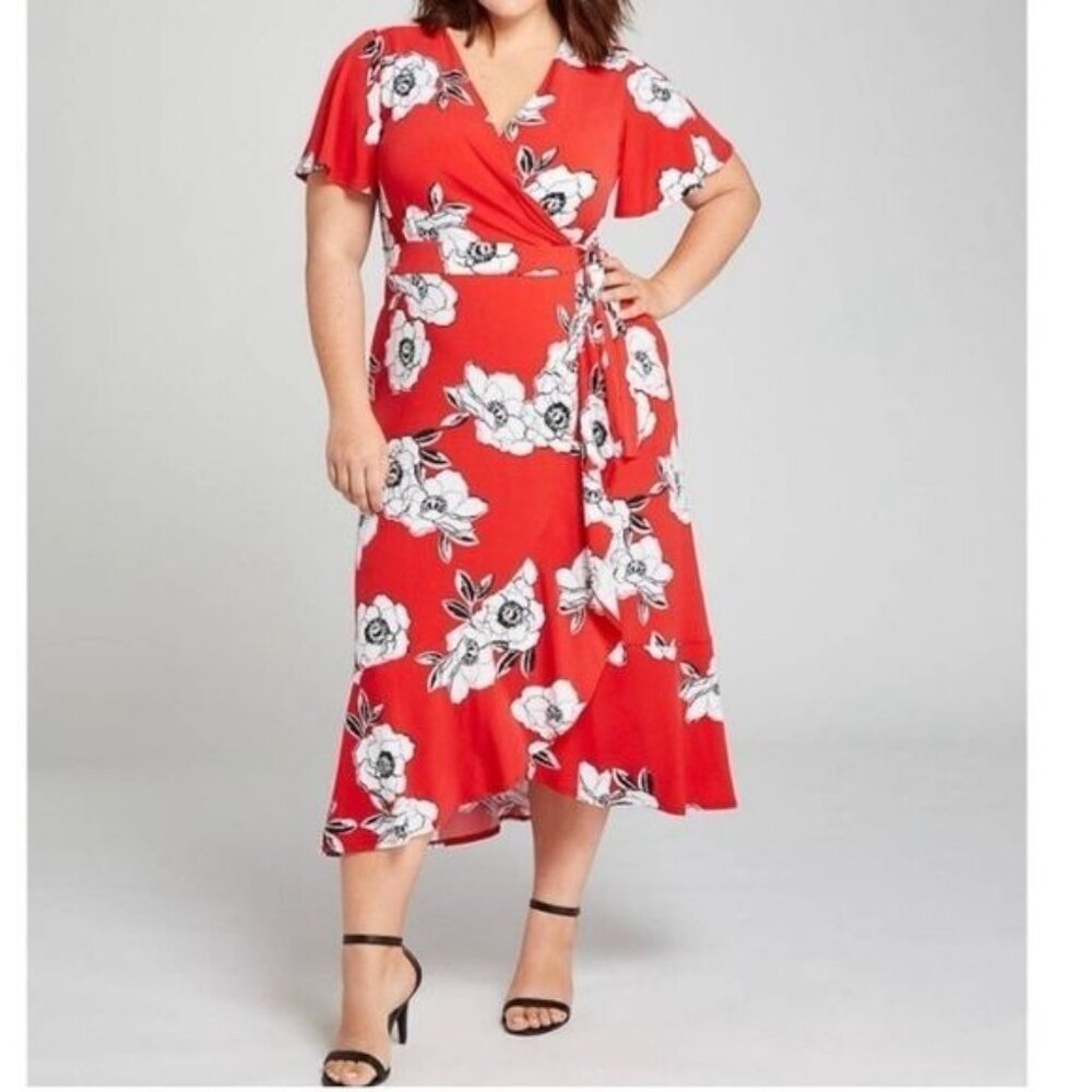 Lane Bryant PLUS Size 26/28 Floral Faux Wrap Midi Dress Red & White Cottage